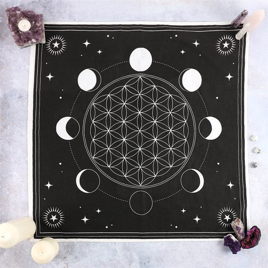 Moon Phase Crystal Grid Altar Cloth, Tarot Cloth, Cotton Wall Hanging, Black Magic, Witch, Wiccan, Pagan, 70x70cm
