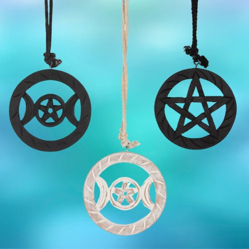 Wooden Hanging Triple Moon or Pentagram, Black or White Wall Hanging Wicca Pagan Indoor or Outdoor Use